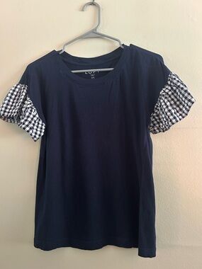 LOFT Navy Tee with Gingham Sleeves